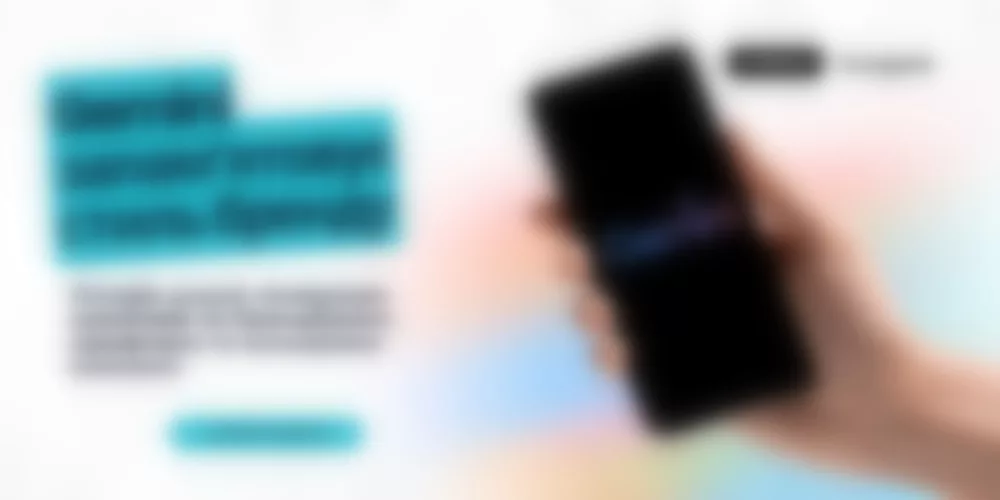 Blurred banner showing a dark smartphone held in a hand beside turquoise headline blocks on a pale background.