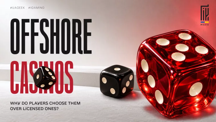 Editorial banner reading 'OFFSHORE CASINOS' and 'WHY DO PLAYERS CHOOSE THEM OVER LICENSED ONES?' with one large translucent red die and two smaller black dice.