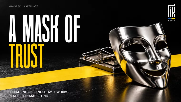 Shiny silver smiling mask in front of a mousetrap on a dark surface with a diagonal yellow stripe. Headline: “A Mask of Trust.”